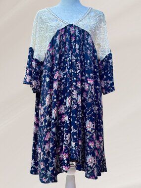 Umgee Lg Floral Trapeze Mini Dress Lace Yoke Flutter Sleeve Cottagecore V-neck